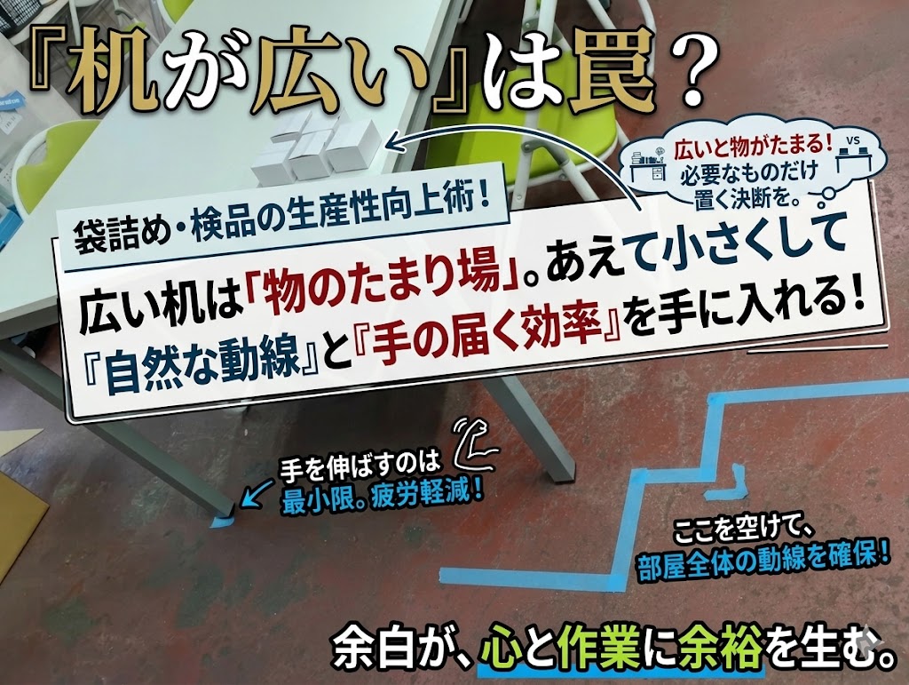 広い机は「物のたまり場」だった？袋詰め・検品を『一回り小さく』して気づいた、驚きの効率化術